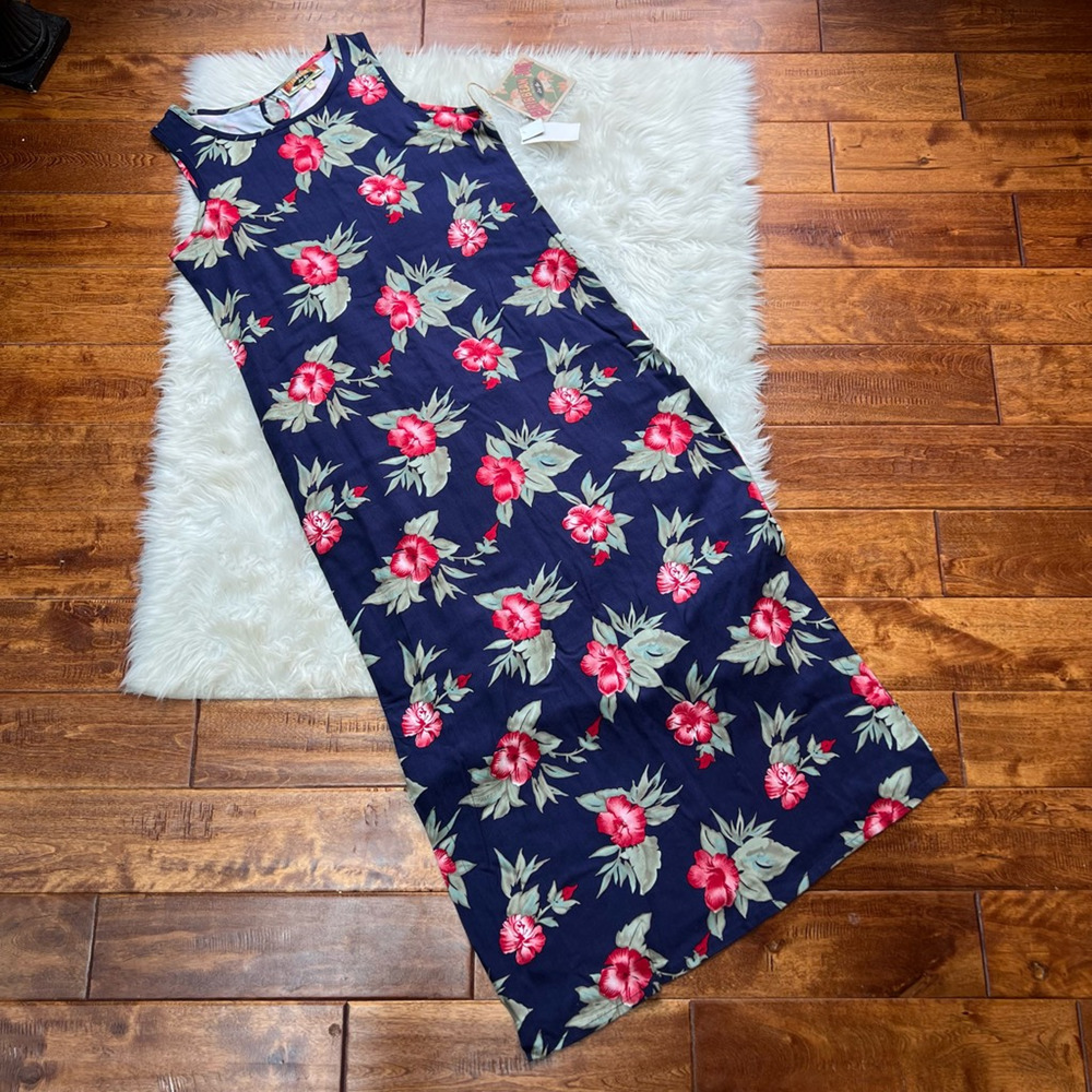 Caribean Joe Womens Sheath Dress Blue Floral Keyhole Back Midi Coastal M New